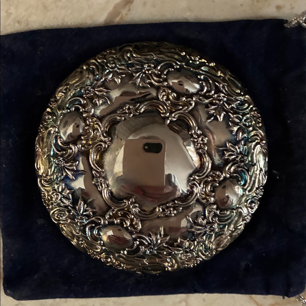 Ornate Silver metal Compact Mirror